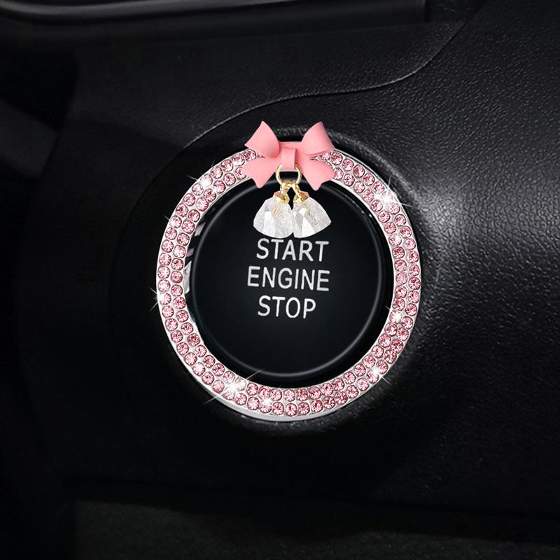 Rhinestone Bow Bell Car Start Switch Button Auto Decorative Diamond Stickers Ring Circle Trims Protective Cover Car Accessories