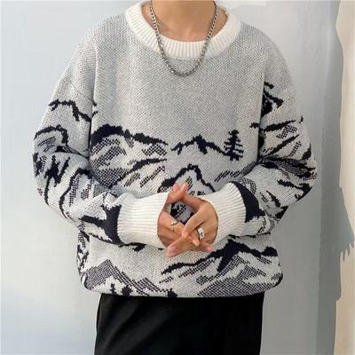 Men's Snow Mountain Loose Knit Sweater: Thick, Heavyweight Round Neck Japanese & Hong Kong Style for Autumn/Winter.