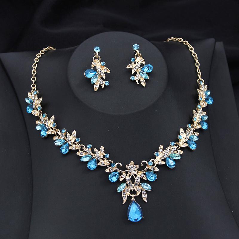 Exquisite 2 Pcs Set Flower Pink AB Crystal Bridal Wedding Jewelry Sets for Women Dangle Earrings and Necklace Sets Blue Green