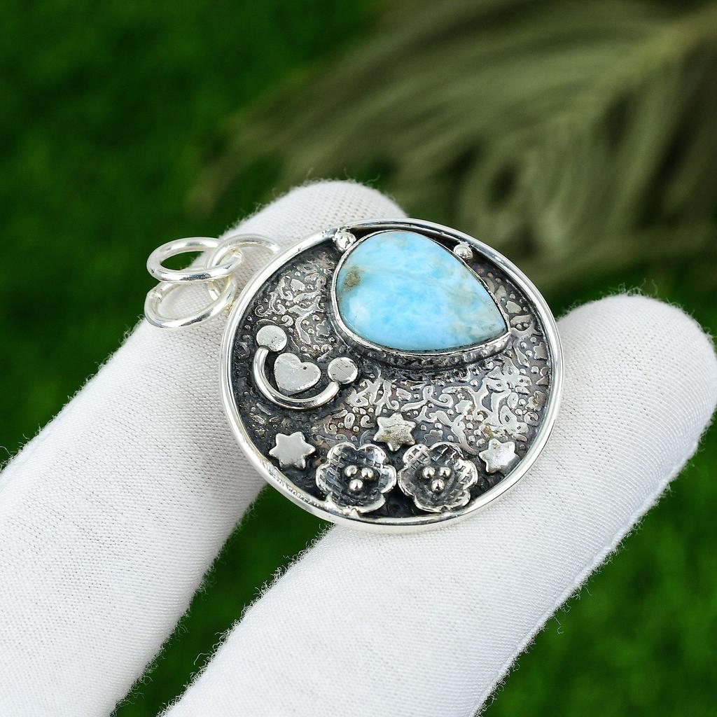 Natural Larimar Gemstone Pendant 925 Sterling Silver Indian Jewelry For Women