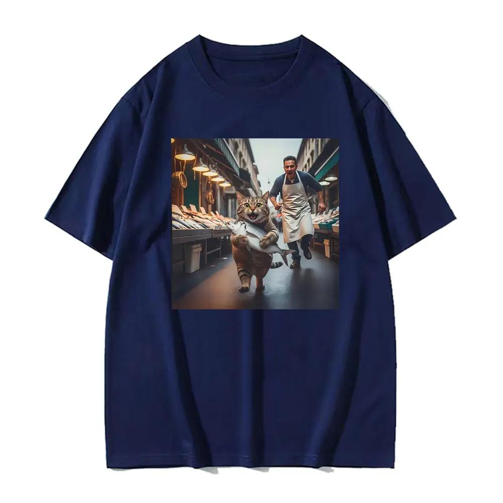 Funny Cat Stealing Fish Print Tshirts Men Women Clothing Vintage Casual Oversized High Quality T Shirt Short Sleeves Loose Tees