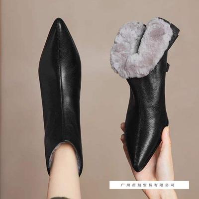 Bottes d'hiver à talons hauts pour femmes, bout pointu, talon aiguille, cuir, bottines courtes, tempérament, marron, laine d'agneau, bottes de neige, bottes pour femmes