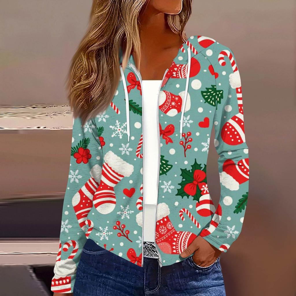 Dame Mote Juleprint Casual Glidelås Langermet Hettejakke