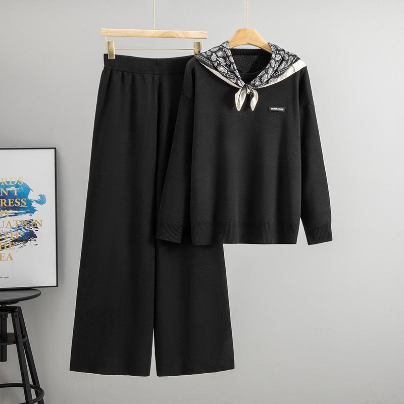 A Two-piece Sweater Set for Women, Featuring A Laid-back Style, Round-neck, Long-sleeved, Loose Knitted Top and High-waisted Wide-leg Pants