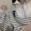 Fall New Korean Style Striped Embroidered Half Zipper Pullover Polo Neck Hoodie Women'S Long Sleeve Top Ins