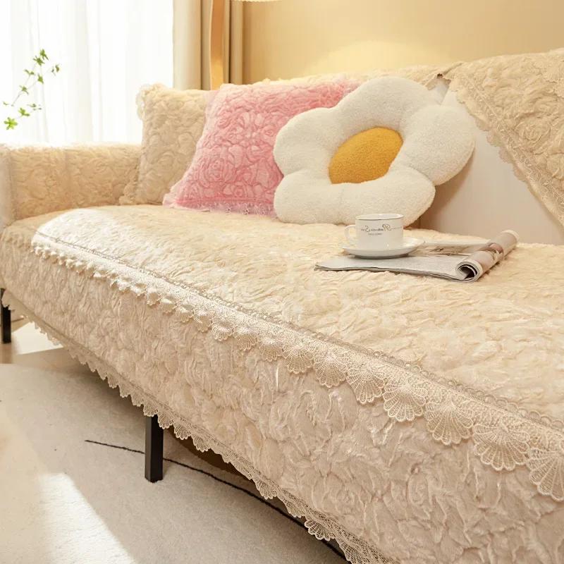 Copridivano invernale con rose, in peluche, con bordo in pizzo, per soggiorno, antiscivolo, universale