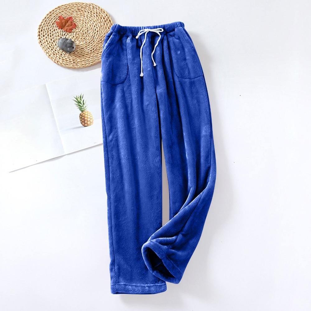 Women's Fuzzy Fleece Wide Leg Pajama Pants Elastic Drawstring Waist Warm Loungewear Sleep Trousers With Pockets
