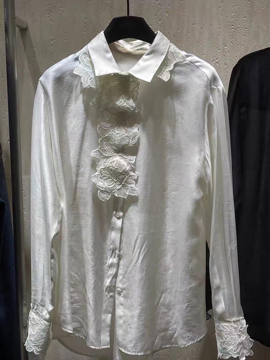 2026 Spring Floral Embroidered Lapel Long-Sleeve Versatile Shirt Small