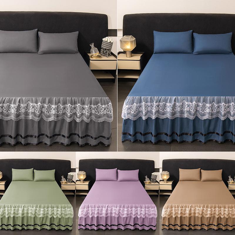 3pcs Premium Luxury Bed Skirt Set,Washed Cotton and Brushed Bedsheet,Anti-Slip and, Machine Washable, Suitable for All Seasons
