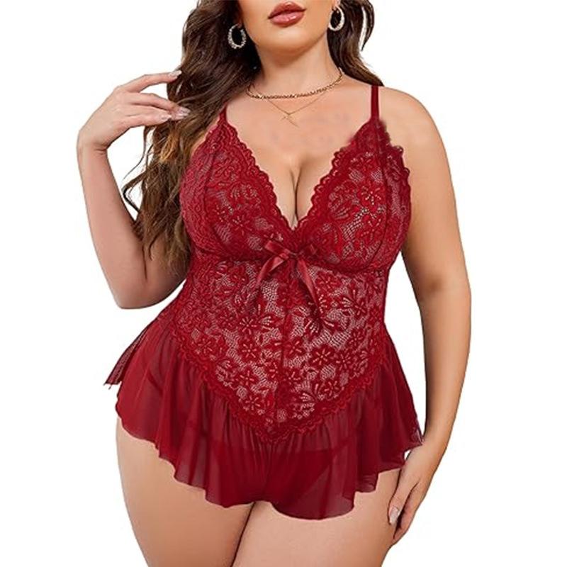 European and American fun sexy lace bow lace deep V large size group pajamas dress