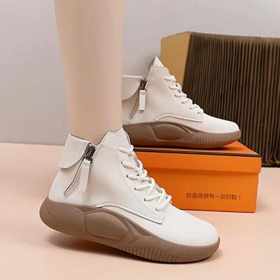 Leder Damenstiefel Runde Zehenpartie Plateau Sportschuhe für Damen Reißverschluss Verziert Kurze Stiefel Farbe Walking Damen Stiefeletten