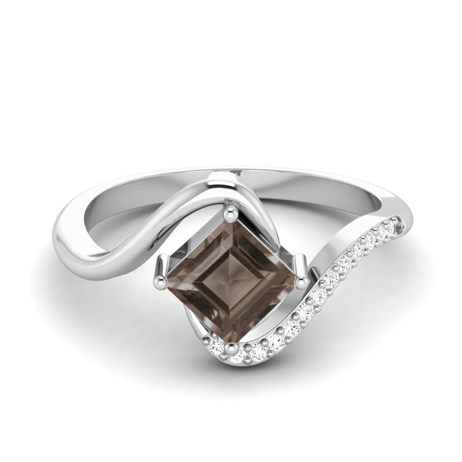 5mm Square Smoky Quartz 925 Sterling Silver Solitaire Bypass Women Engagement Ring 5