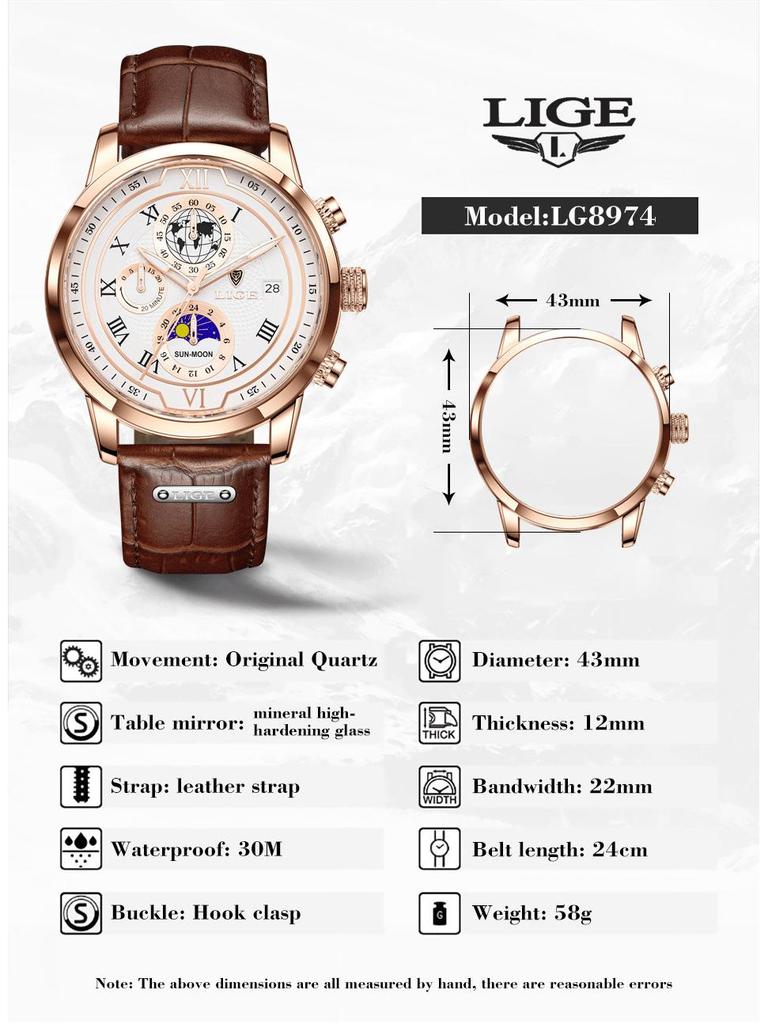 LIGE Men's Quartz Multifunctional Waterproof Watch - Three-Eye Six-Hand Design