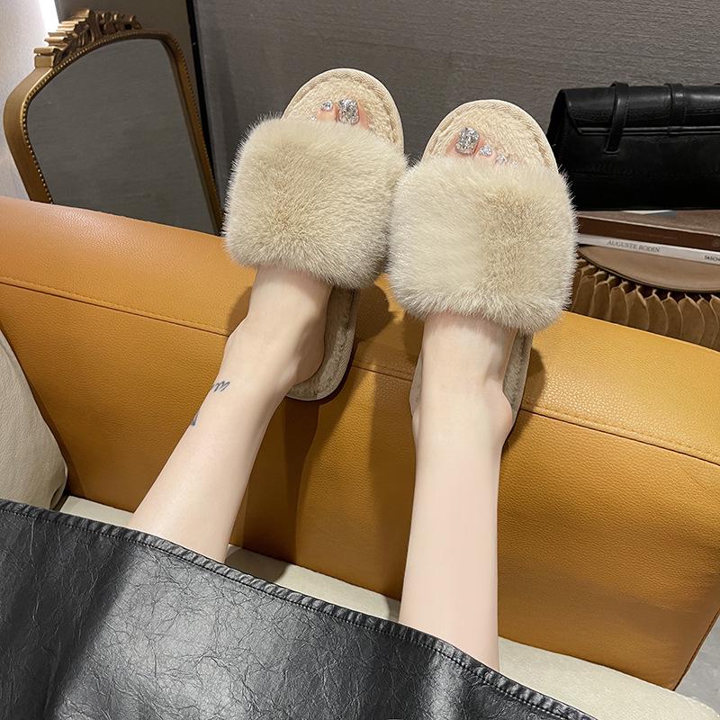 Women's Winter Indoor Cotton Slippers - Large, Warm, Solid Color Fur Design