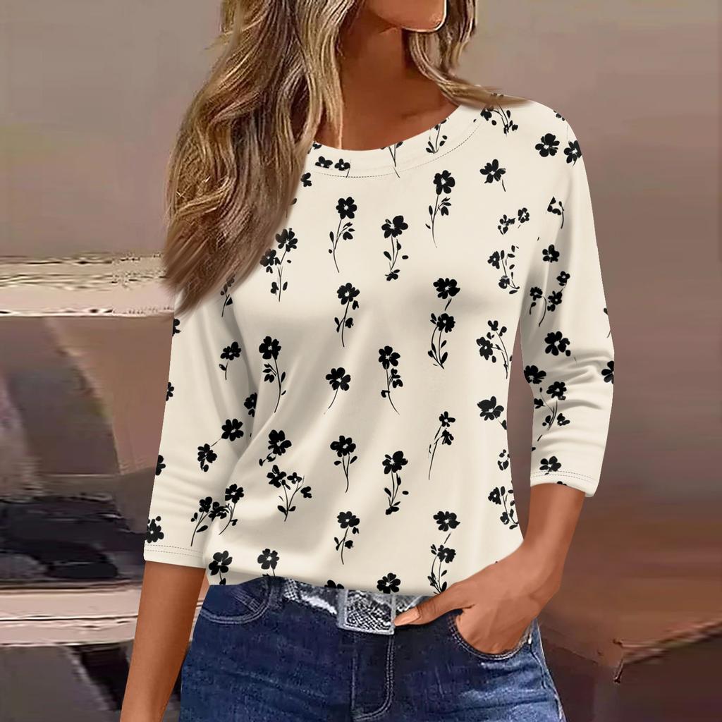 Women's Three-Quarter Sleeve Shirt, Round Neck, Loose Fit, Casual Shirt, Floral Print T-Shirt, Summer