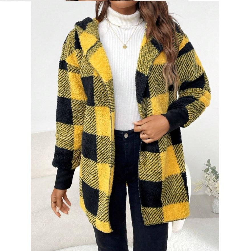 Loose Plaid Color Blocked Plush Cardigan, Fashionable Sweater for Women
