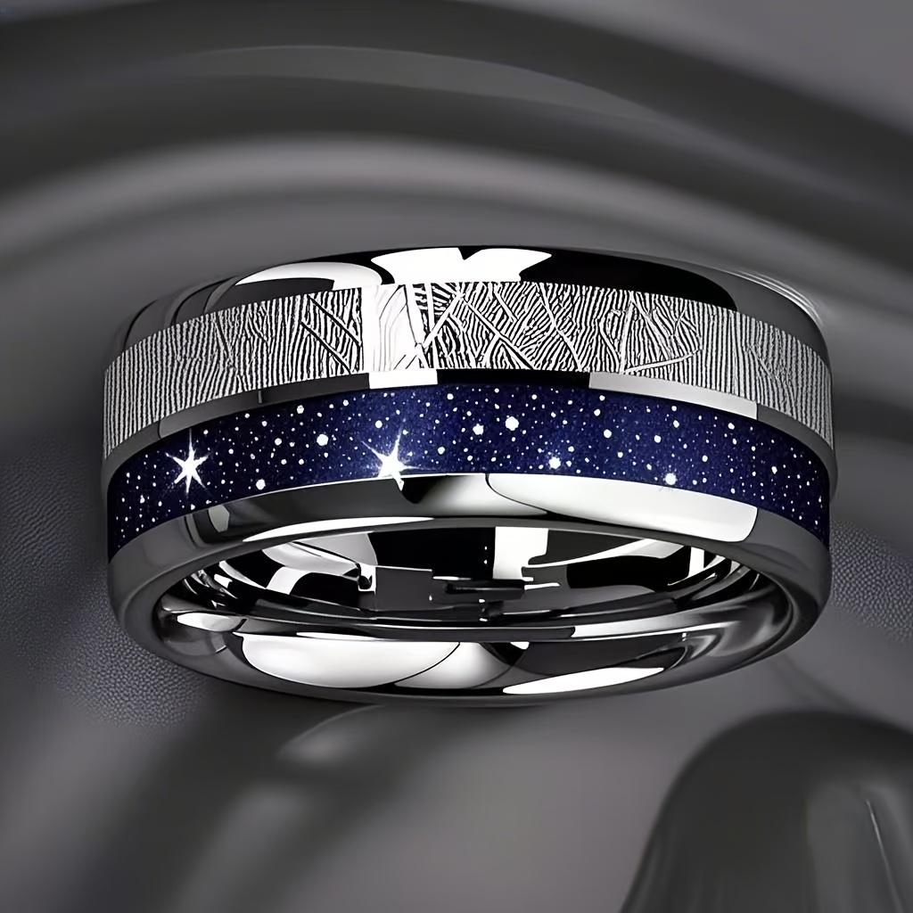 Bagues Fashion Ciel étoilé Bleu Foncé & Incrustation Météorite 8mm Couleur Cuivre Acier Inoxydable pour Hommes Femmes Bijoux de Mariage