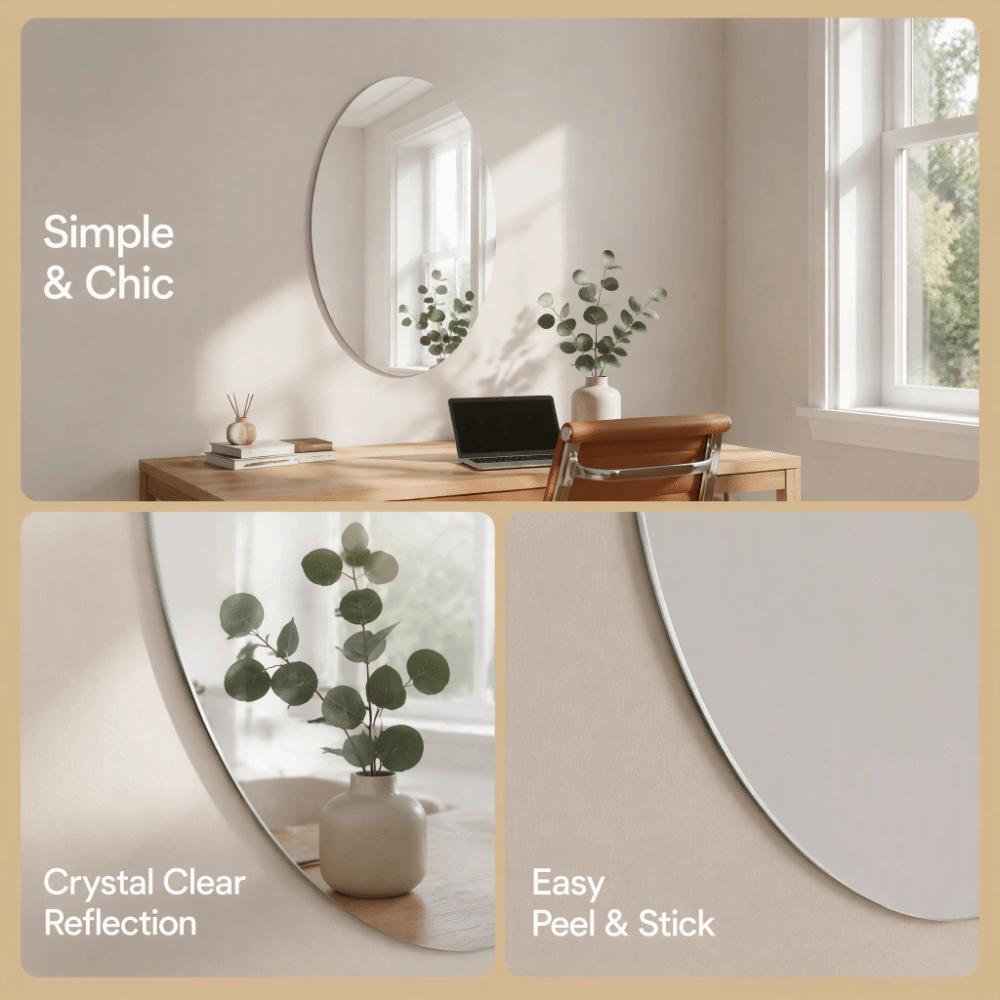 slivery Oval Vanity Mirror Lightweight Self-Adhesive Mirror Stickers Makeup Application