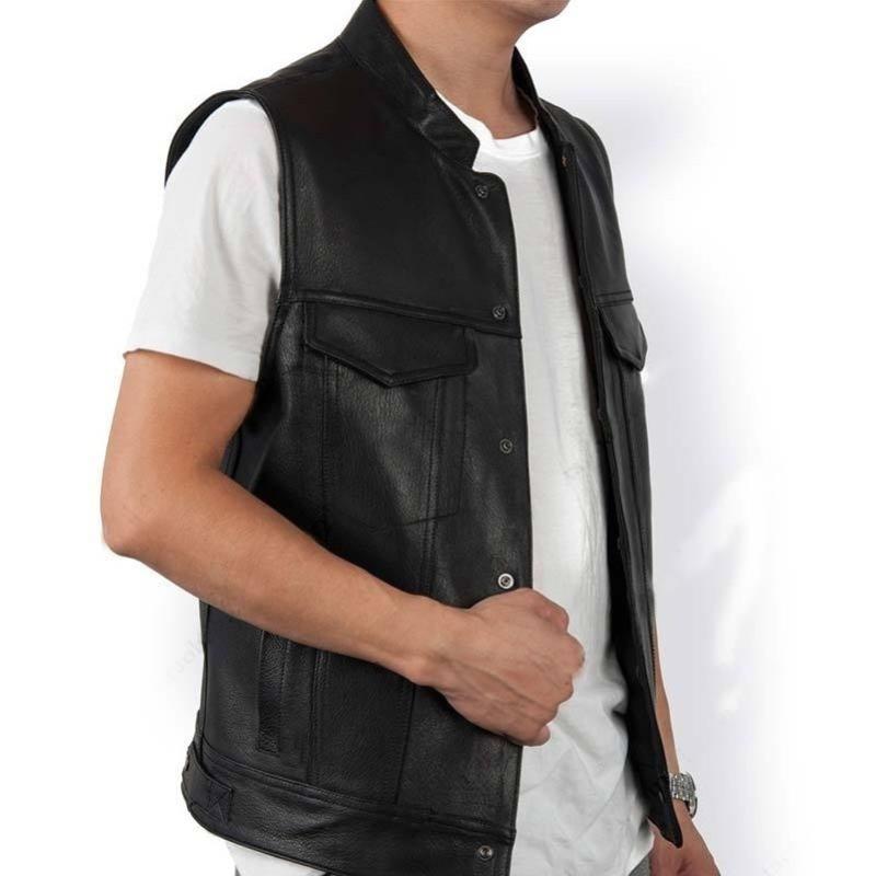Gilet da uomo Gilet nero per abbigliamento Gilet da uomo in pelle PU Gilet con colletto alla coreana senza maniche per abbigliamento da uomo