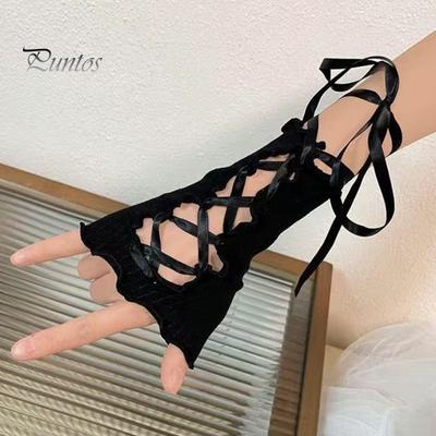 1 Pair Women Arm Sleeves JK Lolita Style Hollow Out Lace-up Shirring Edge Fingerless Cosplay Performances Bride Wedding Photo Prop Arm Cuffs