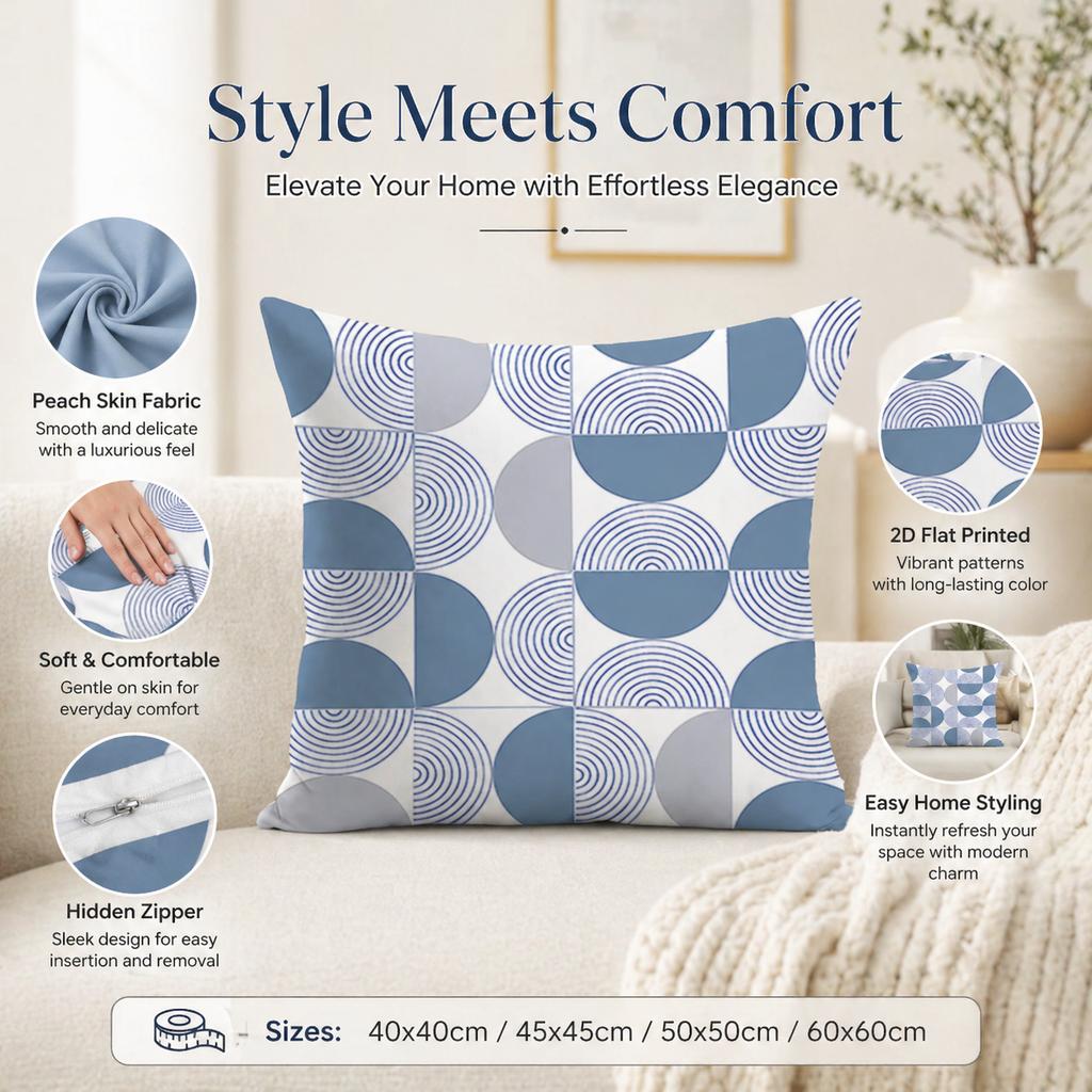 Nordic Blue White Floral Cushion Cover 2D Flat Printed Peach Skin Pillowcase Modern Minimalist Throw Pillow Case For Sofa Decor