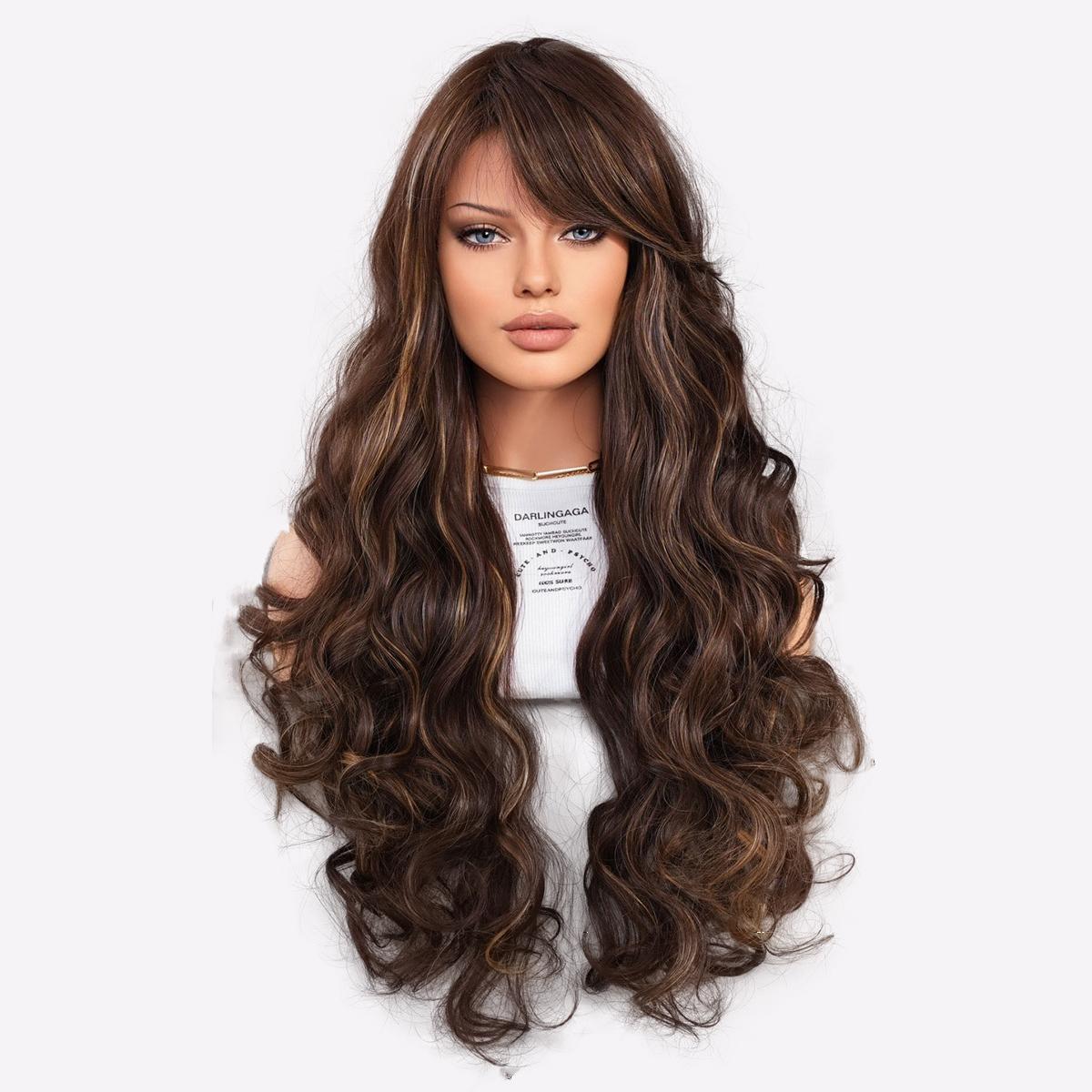 

28-дюймовый кудрявый парик с эффектом каштанового балаяжа — термостойкие синтетические волосы с боковой челкой, естественные свободные волны для повседневных и особых случаев 70cm 27.55 inch тёмно-рыжий