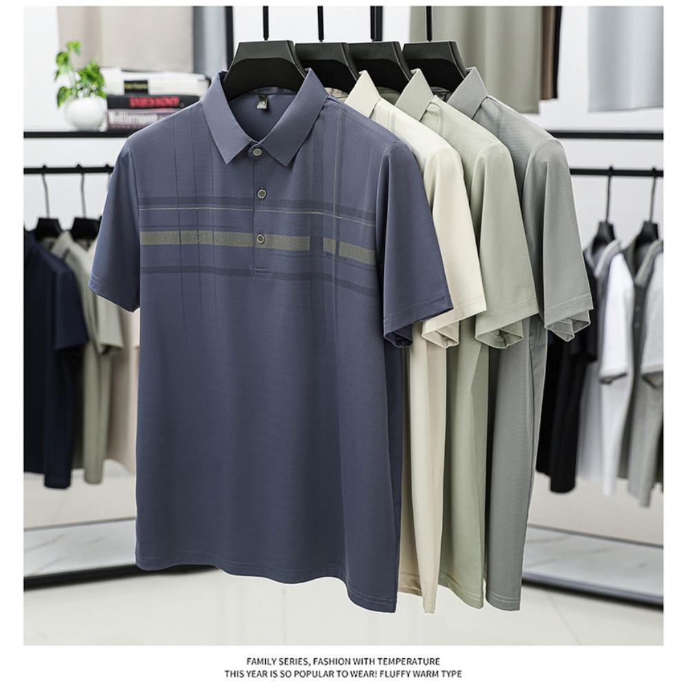 Summer Ice Silk Short Sleeved T-shirt Middle-aged Men's Lapel Top Base Shirt