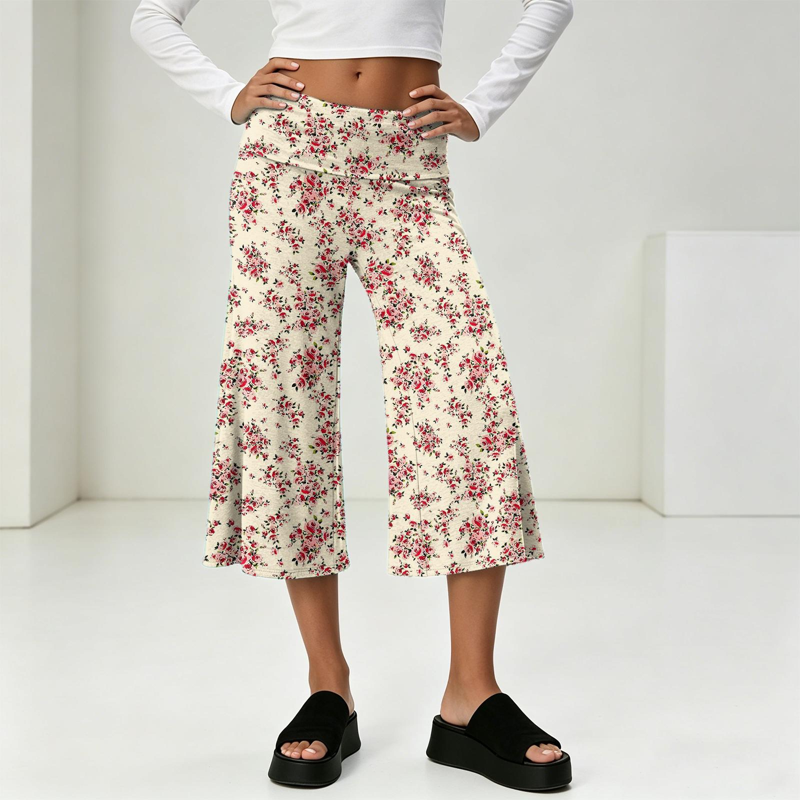 

Wide Leg Cropped Pants with Leaf Print High Waist Elastic Waistband Comfortable Loose Fit Trousers for Women Casual Wear L червоний