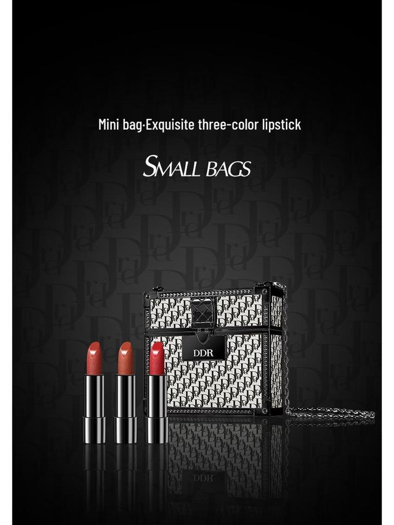 Charming Chain Small Leather Bag with Mirror: Set of Three Lightweight, Soft Matte Lipsticks