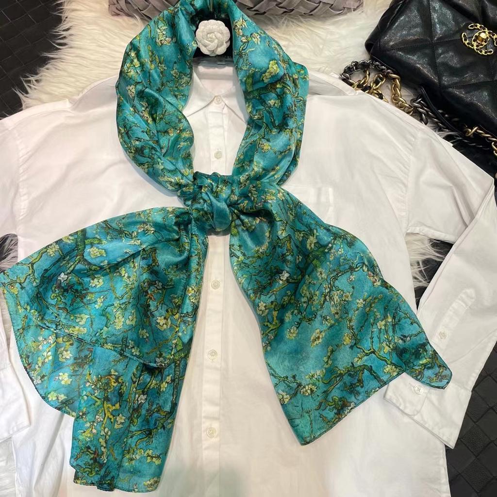 100% Maulbeerseide Schal Tuch Pflaumenblüten Design Blau Grün Sommer Strand Seiden Schals Tücher Herbst Winter Nacken Kopf Tuch