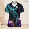 Women Plus Size V Neck Short Sleeve Nebula Printed Nurse Scrub Top With Front Pockets