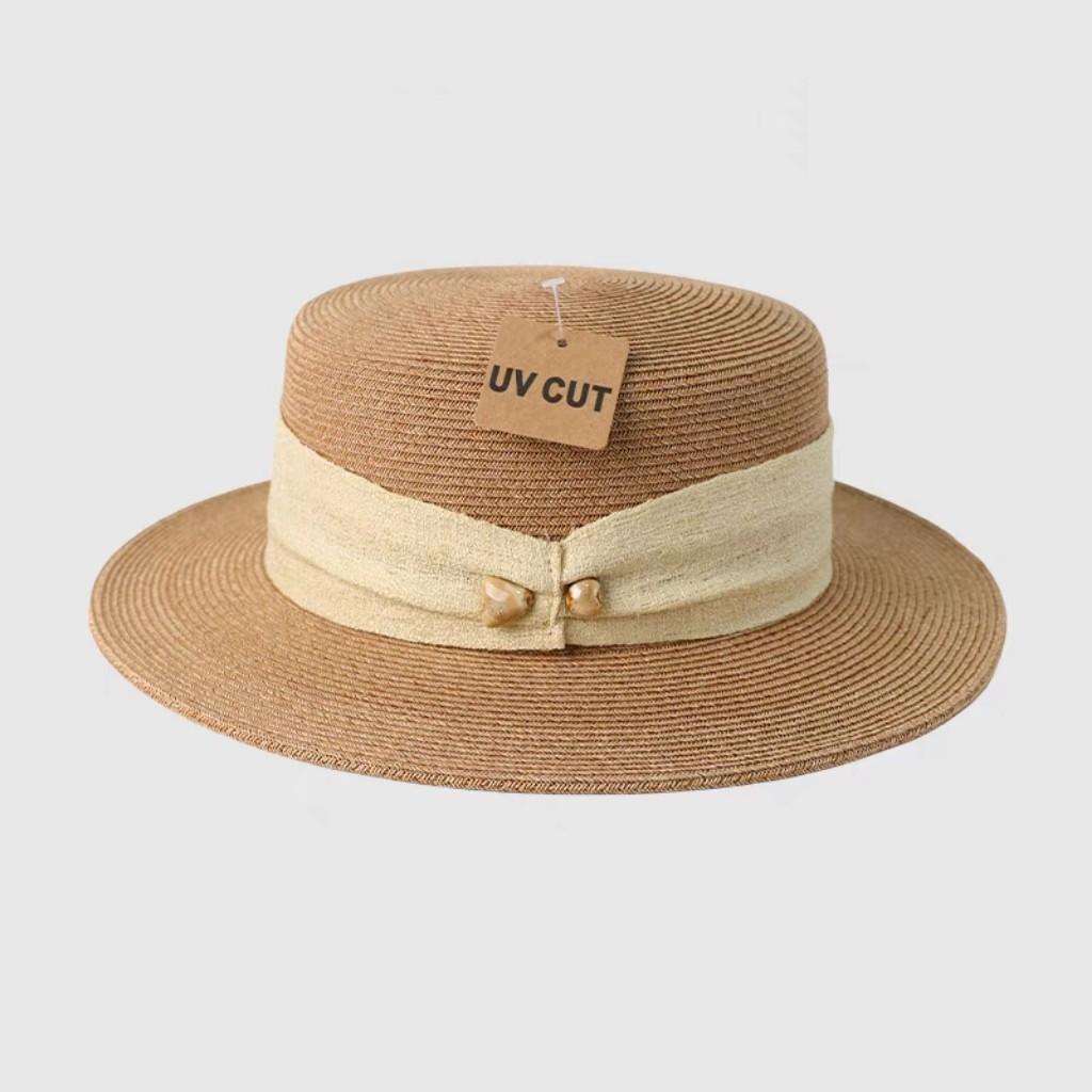 French Retro Flat Top Straw Sun Hat for Women Summer Beach Vacation Elegant Sunshade Protection Wide Brim Hat