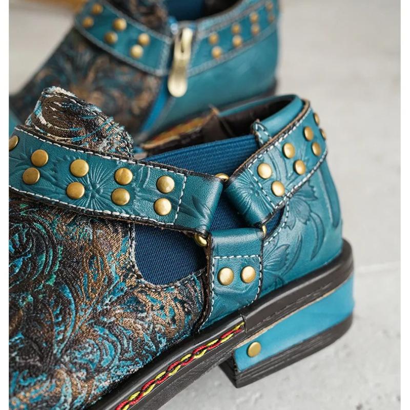 Johnature Four Seasons Pumps Retro Printed Ethnic Style Genuine Leather Comfortable Women's Low Heel Shoes