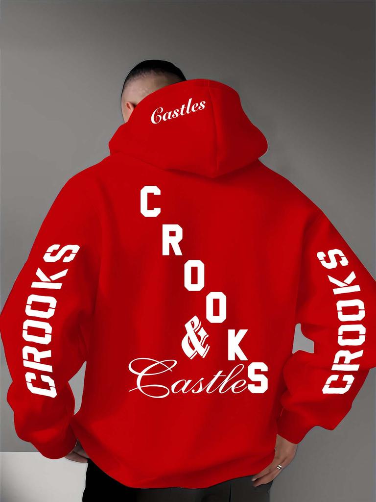 Staggered Letters Back Sleeves Same Print Hooded Sweater Loose Shoulder Men and Women Same High Street