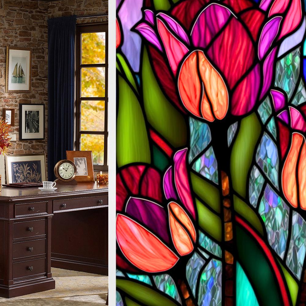 Colorful Retro Floral & Bird Static Cling Window Film - No Glue, Removable