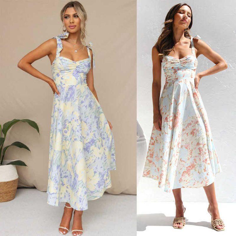 V-neck Printed Dress Women Foreign Trade Waist Hugging V-neck Sling Print Mid-Length Dress Women
