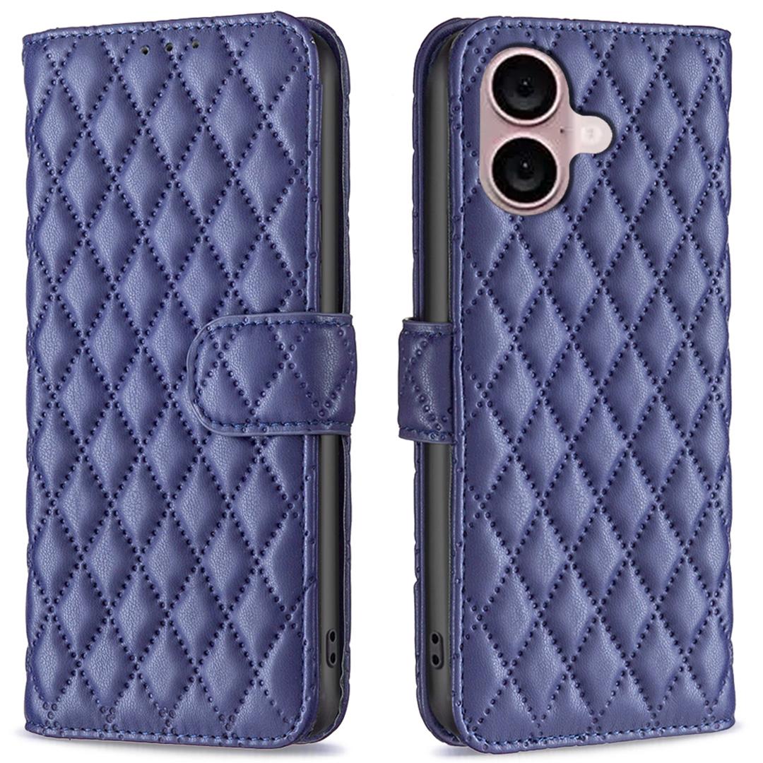 

BINFEN COLOR BF Style-14 Чехол для iPhone 16 Plus Кожаный чехол-кошелек с ромбовидной сеткой Blue