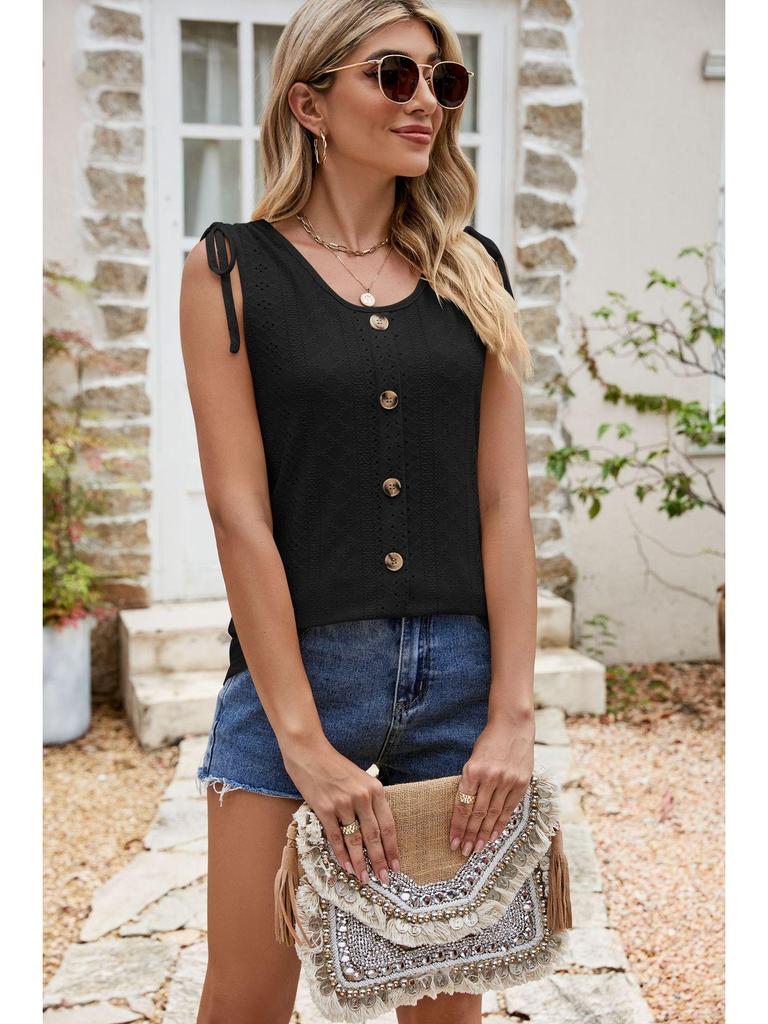 2024 Summer European & American Women's Fashion Hollow Out Drawstring Sleeveless Button Camisole