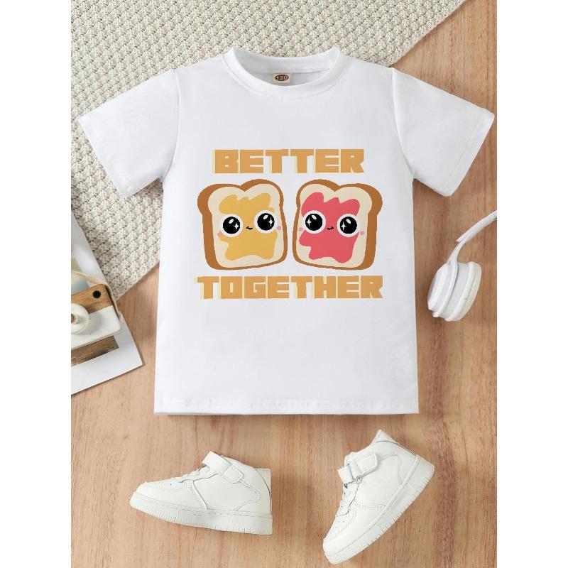 

European sizes Girls Two-Slice Bread Print T-Shirt - Cute Slogan & Toast Slice, Soft Stretch Round Neck Summer Playwear 98cm