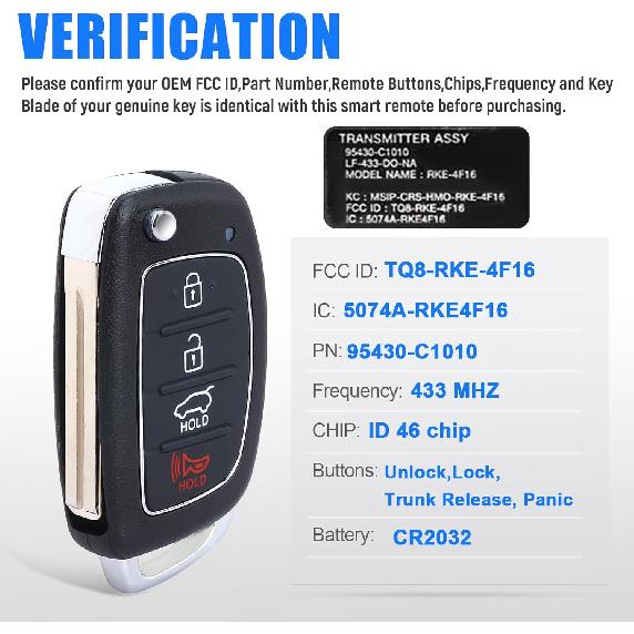 Keyless Entry Remote Key Fob Replacement for Hyundai Sonata 2014 2015 2016 2017 433MHz 4 Buttons (FCC ID:TQ8-RKE-4F16 PN: 95430-C1010)