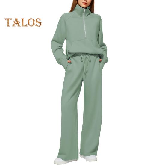 

Женский комплект из 2 предметов: топ и брюки, полузастежка-молния, отложной воротник, длинные рукава, толстовка с эластичной резинкой на талии, широкие спортивные штаны, спортивный наряд, повседневный, осень XL зелёный