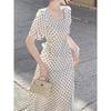 Womens White Black Polka Dot Square Neck Short Sleeve Midi Dress