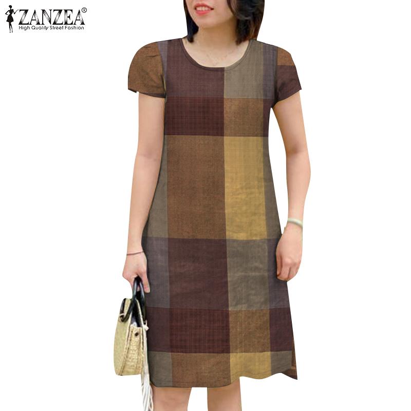 ZANZEA Womens Summer Round Neck Short Sleeve Grid Print Dress