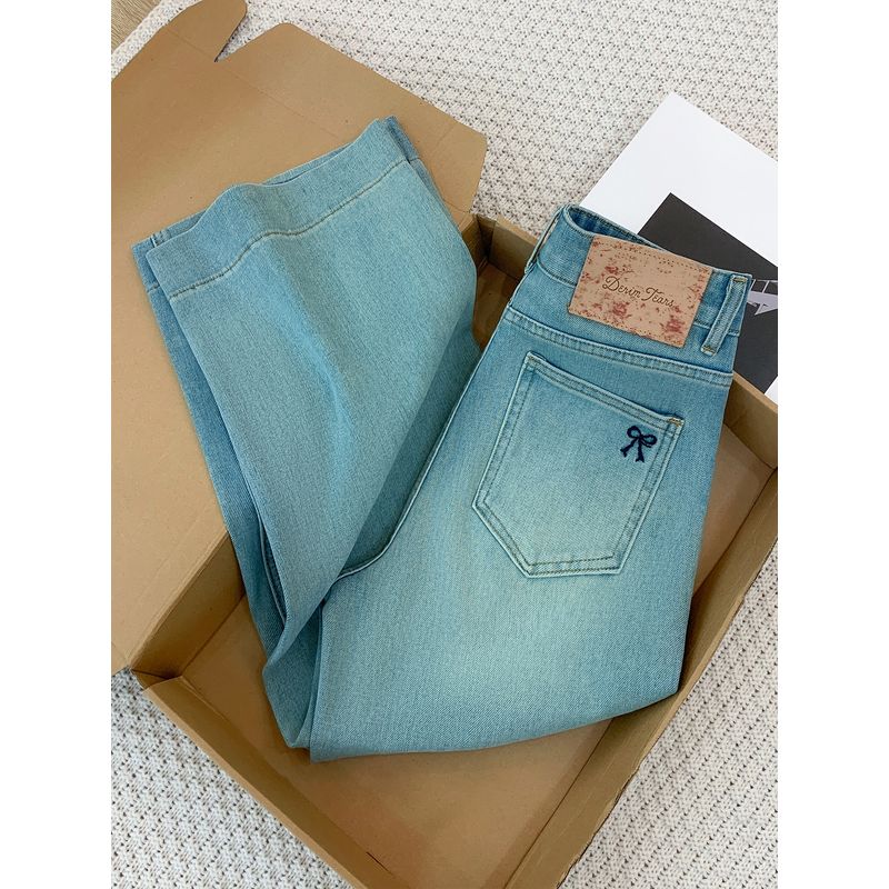 Summer New Style Blue Straight-Leg Jeans for Women, Plus-Size, High-Waisted, Hip-Covering, Slimming, Stretchy Straight Pants