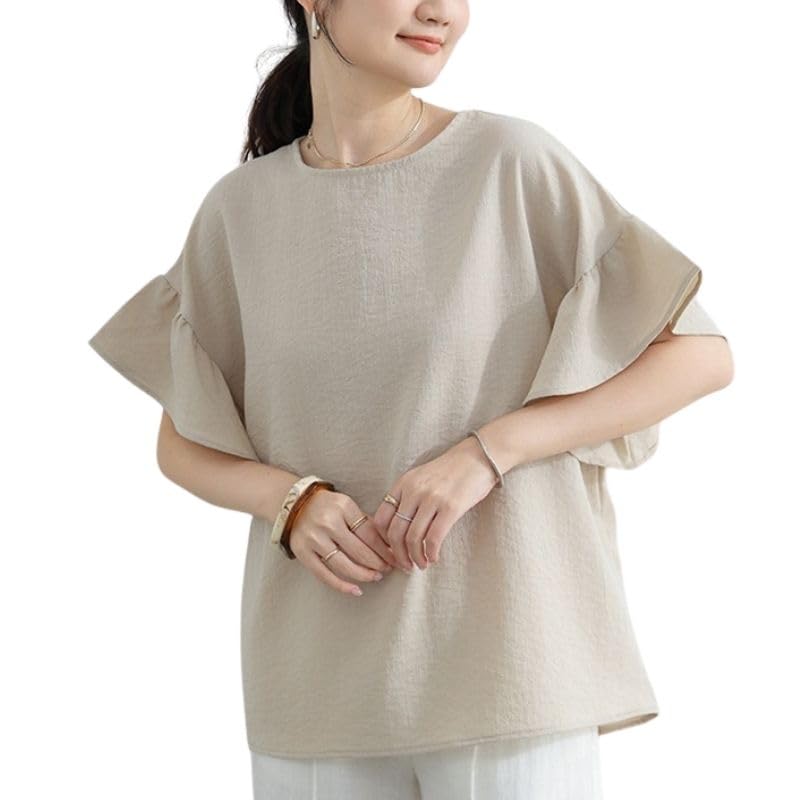Loose Short Stylish Free Ruffle EMY-li Women's Tops, Blouses, Shirts, Fit, 5/8 Length, Sleeves, Spring, Summer, Cute, (JP, Alphabet, Size, Sleeves,
