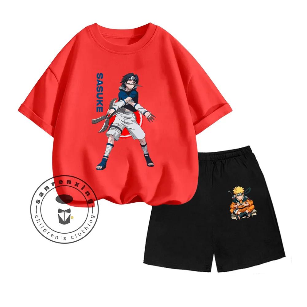 Unique NARUTO Animated Cartoon Character Vertical Print Design O-neck Skin-friendly Short Sleeve and Shorts Kids Two-piece Set