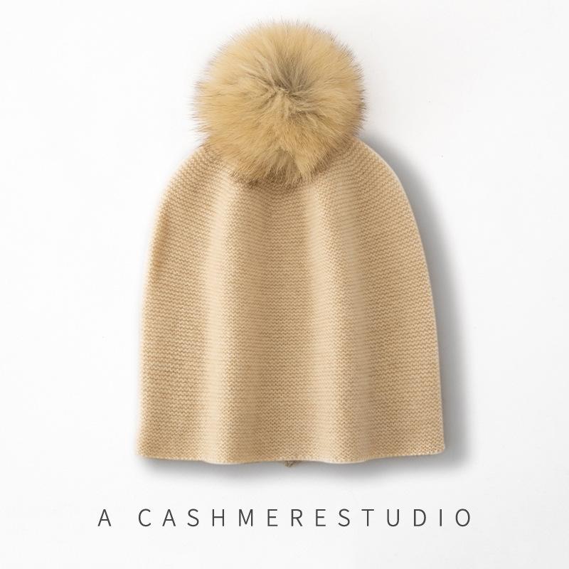Cashmere Autumn and Winter New Women's High End Solid Color Corrugated Fur Ball Thickened Warm Fashion Knitted Casual Hat