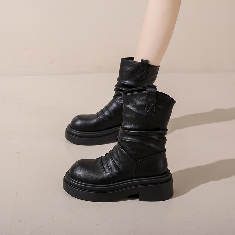 Fashion Autumn Winter Design Pleated Women Ankle Boots Slip On Shoes Thick Heel Modern Short Botas Mujer