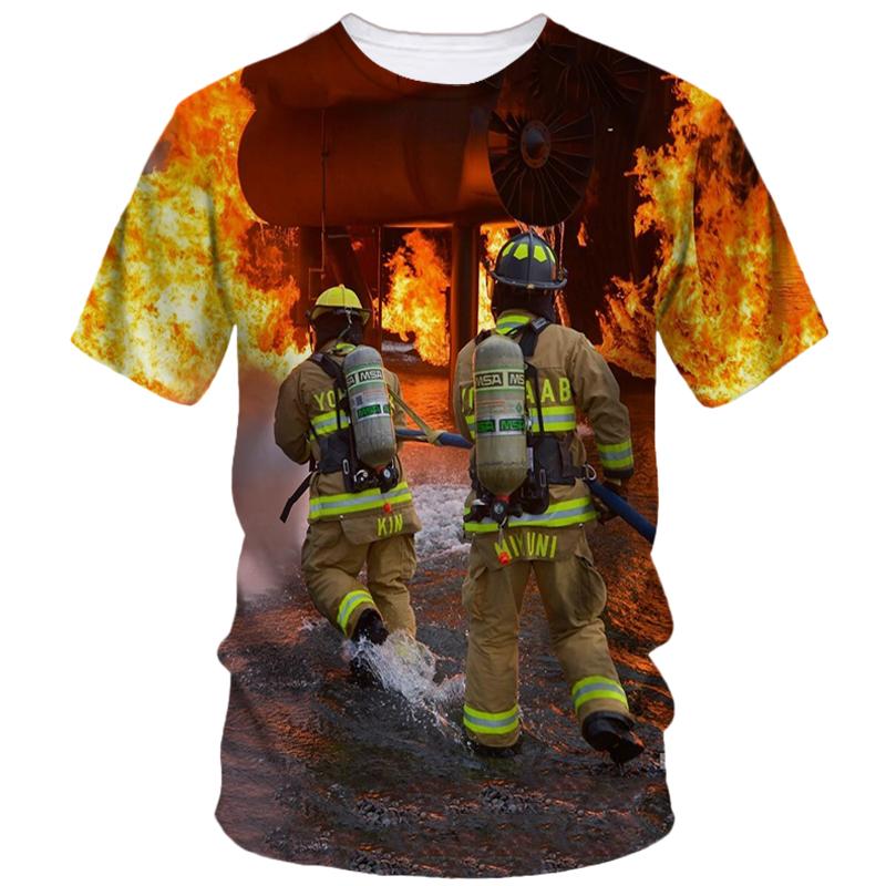 Firefighter Pattern Print Tough Guy Style T-shirts Summer Men's Short Sleeve T-Shirt Street Personality Creative Fashion Loose Casual Top