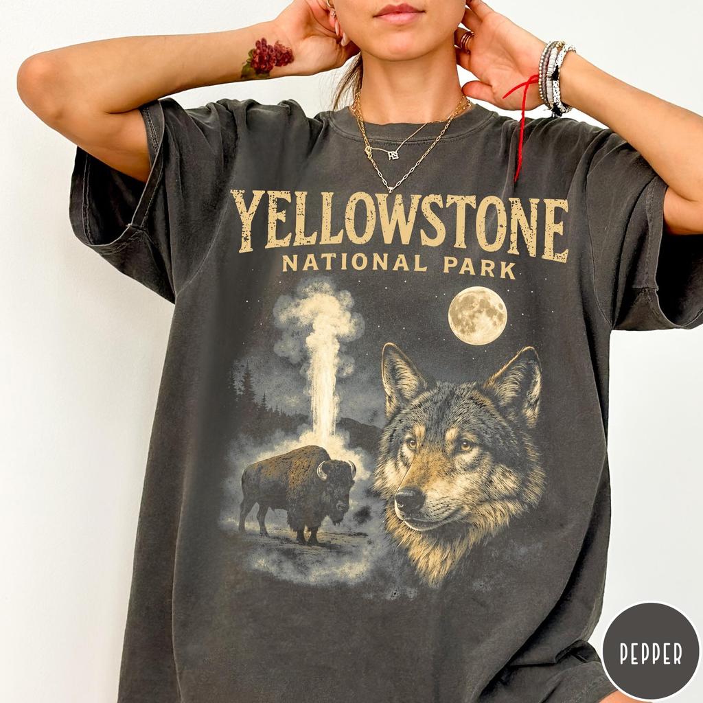 Vintage Koszulka z grafiką Parku Narodowego Yellowstone, Retro Koszulka z motywem przyrody, Koszulka z wilkiem, Koszulka z bizonem, Unisex Koszulka Parku Narodowego